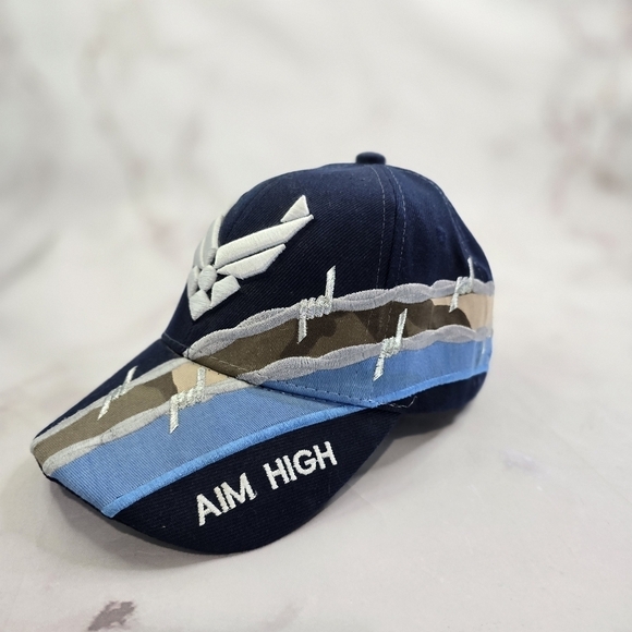 US Air Force Hat Mens Blue Adjustable Strapback Cap Aim High Barbed Wire Stripe - Picture 1 of 10